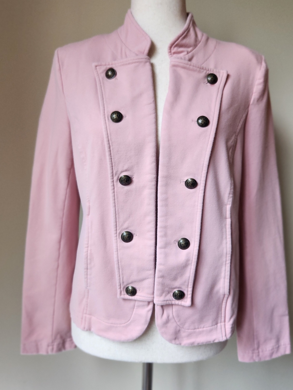 Pink Military Band Jacket Womens M Blazer Open Front Double Breasted Knit Coat